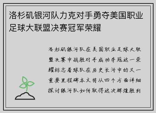 洛杉矶银河队力克对手勇夺美国职业足球大联盟决赛冠军荣耀