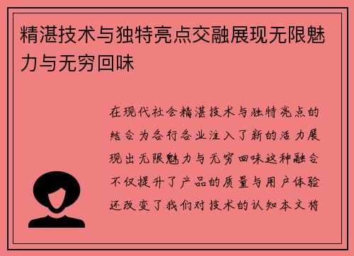 精湛技术与独特亮点交融展现无限魅力与无穷回味