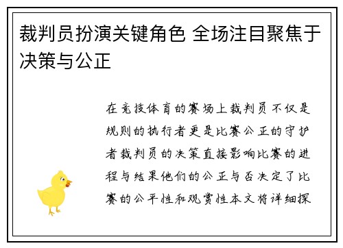 裁判员扮演关键角色 全场注目聚焦于决策与公正