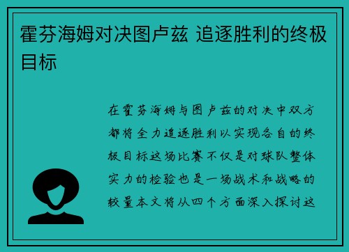 霍芬海姆对决图卢兹 追逐胜利的终极目标